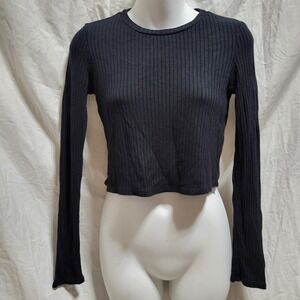 Reformation Jeans Black Knit Ribbed Crop Top Long Sleeves Size XS